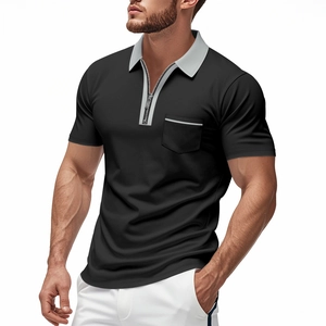 Details von Herren Poloshirt mit Reißverschluss, grauem Kontrastkragen und Tasche
