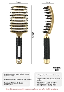 Detailed size specifications for the golden boar bristle curved hair massage brush