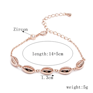 Detailed view of adjustable rose gold shell bracelet with zircon accents and dimensions