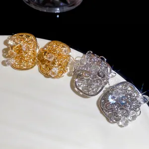 Luxurious 18k gold plated square woven stud earrings with sparkling crystals for women