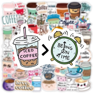 Detail showing iced coffee and alarm clock waterproof vinyl sticker with funny quote