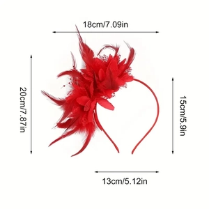 Red feather floral bridal fascinator headband with 18cm by 20cm dimension details