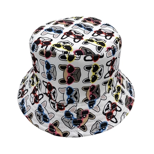 White bucket hat featuring cute French Bulldogs with colorful heart sunglasses print