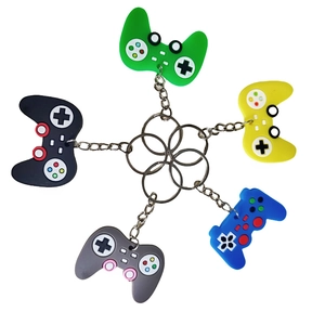 Set of 5 colorful PVC game controller keychains in black grey blue green and yellow