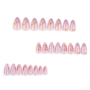 Short almond press-on nails with autumn pumpkin and maple leaf patterns on pink base