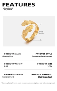 Detail view of golden leaf-shaped adjustable ring with size and weight specifications