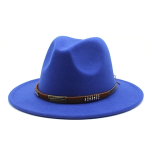 Classic royal blue fedora hat with wide brim and studded brown decorative band
