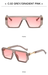 Detail of square sunglasses with grey translucent frames and pink gradient lenses