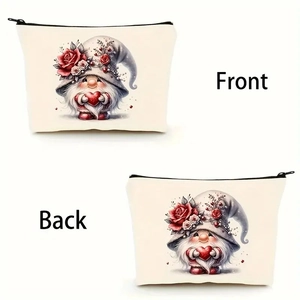 Front and back views of a cream gnome cosmetic bag with rose hat and heart motif
