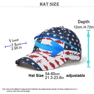 Detailed size chart for the adjustable American flag baseball cap with fish silhouette
