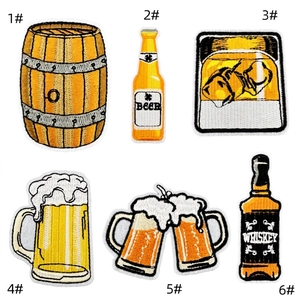 Detail view of 6-piece beer and whiskey embroidered patches with high-density stitching