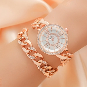 Elegant rose gold women's watch set with crystal-studded dial and Cuban link bracelet