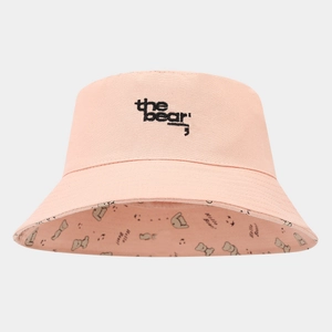 Pink canvas bucket hat featuring bear embroidery and cute cartoon patterned inner lining