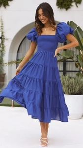 Detail of royal blue puff sleeve dress with smocked bodice and layered tiered skirt