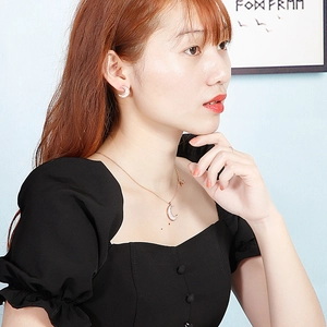 Elegant rose gold moon necklace and stud earrings set with white mother of pearl inlay