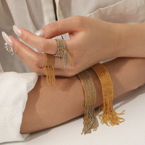 Stainless Steel Tassel Beaded Bracelet And Ring Gold Silver Two Tone Open Cuff Jewelry Luxury Ins Style For Women