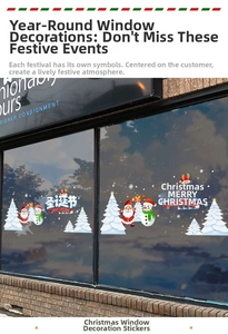 Detail of Christmas tree and snowman static window stickers for festive shop decoration