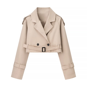 Women Cropped Windbreaker Jacket Polyester Lapel Collar Belted Epaulettes Solid Apricot Streetwear Outwear