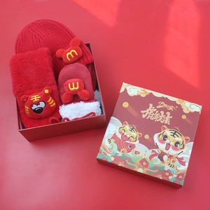 Christmas gift set with cartoon tiger knit hat plush scarf and gloves in a red gift box