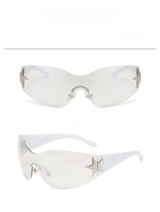 Detail view of Y2K star-decorated frameless sunglasses in white and shallow silver finish