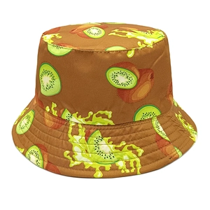 Detailed top view of reversible kiwi print bucket hat with vibrant fruit pattern