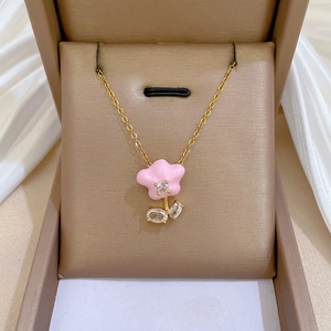 Flower Pendant Necklace Pink Enamel Stainless Steel Chain Gold Plated Copper Zircon Floral Jewelry For Women Gift