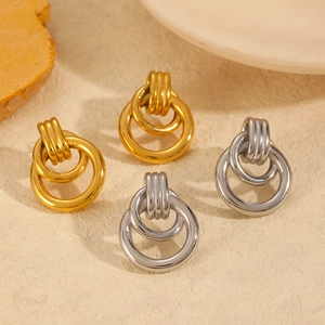 Stainless Steel Hoop Earrings Geometric Double Interlocking Circle Textured Two Tone Elegant Fashion Jewelry For Women