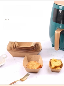 Detail of oil-proof kraft paper boat trays showing PE lining and stackable design