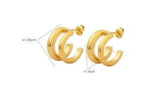 Detail view of gold C-shaped earrings showing dimensions of 1.85cm height and 1.6cm width