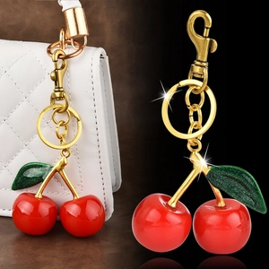 Fruit Cherry Apple Resin Alloy Keychain Bag Charm Pendant For Women Girls Gold Plated Ins Style Elegant