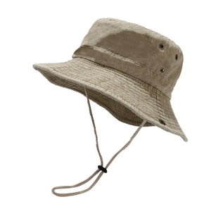 Outdoor khaki cotton sun hat with adjustable windproof chin strap and metal eyelets