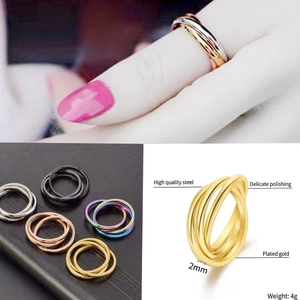 Three-band interlocking titanium steel rings in gold silver and rose gold finishes