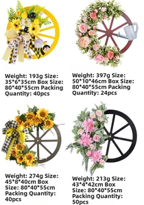 Four styles of wooden wagon wheel wreaths with sunflowers, roses and pinecones detail