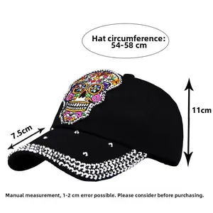 Detailed size specifications for denim baseball cap with crystal skull embroidery