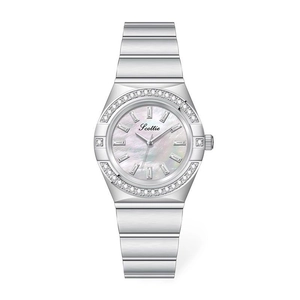 Detailed macro view of the silver stainless steel watch with a pearl dial and crystals
