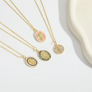 Gold-plated necklaces with religious pendants, Virgin Mary enamel and cross charms