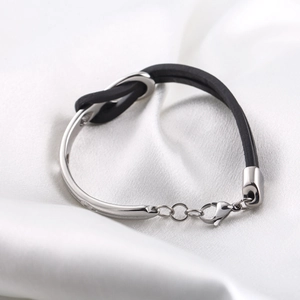 Men's titanium steel knot bracelet with black PU leather and silver geometric clasp