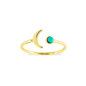 Detail of gold moon open ring featuring a vibrant round turquoise stone in macro view