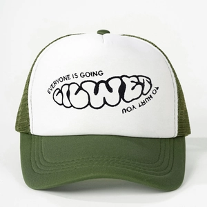 Olive green and white mesh trucker hat with Everyone embroidery and adjustable strap