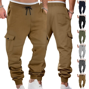 Men Cargo Jogger Pants Fleece Lined Polyester Knit Multi Pockets Drawstring Waist Casual Sports Urban Fashion