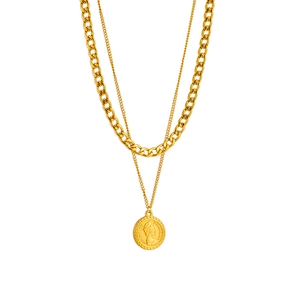 Double-layered gold chain necklace with vintage Queen Elizabeth coin pendant charm