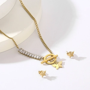 Elegant gold titanium jewelry set with square zircon necklace and butterfly stud earrings