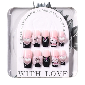 Pink and black Kuromi press-on nails with 3D pearls, heart charms and rhinestone bows