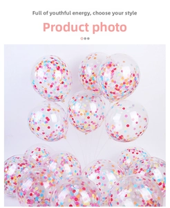 Close-up of clear balloons filled with colorful round paper confetti for party decor