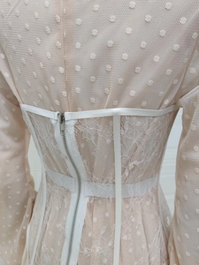 Detail of hollow-out mesh back featuring dot pattern lace and silver zipper closure