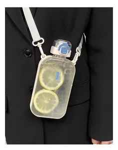 Flat transparent water bottle with beige lid and blue buckle worn with a shoulder strap