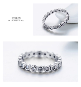 Macro view of a 925 sterling silver eternity ring with sparkling cubic zirconia stones