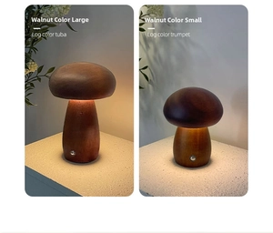 Detail view of large and small walnut mushroom lamps with warm LED glow and metal base