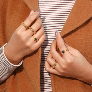Minimalist 18K gold plated square zircon rings set featuring chain designs on model hands