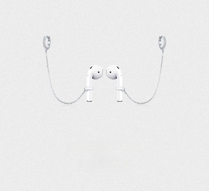 Detail of silver anti-lost earring strap with silicone loop for wireless earbuds